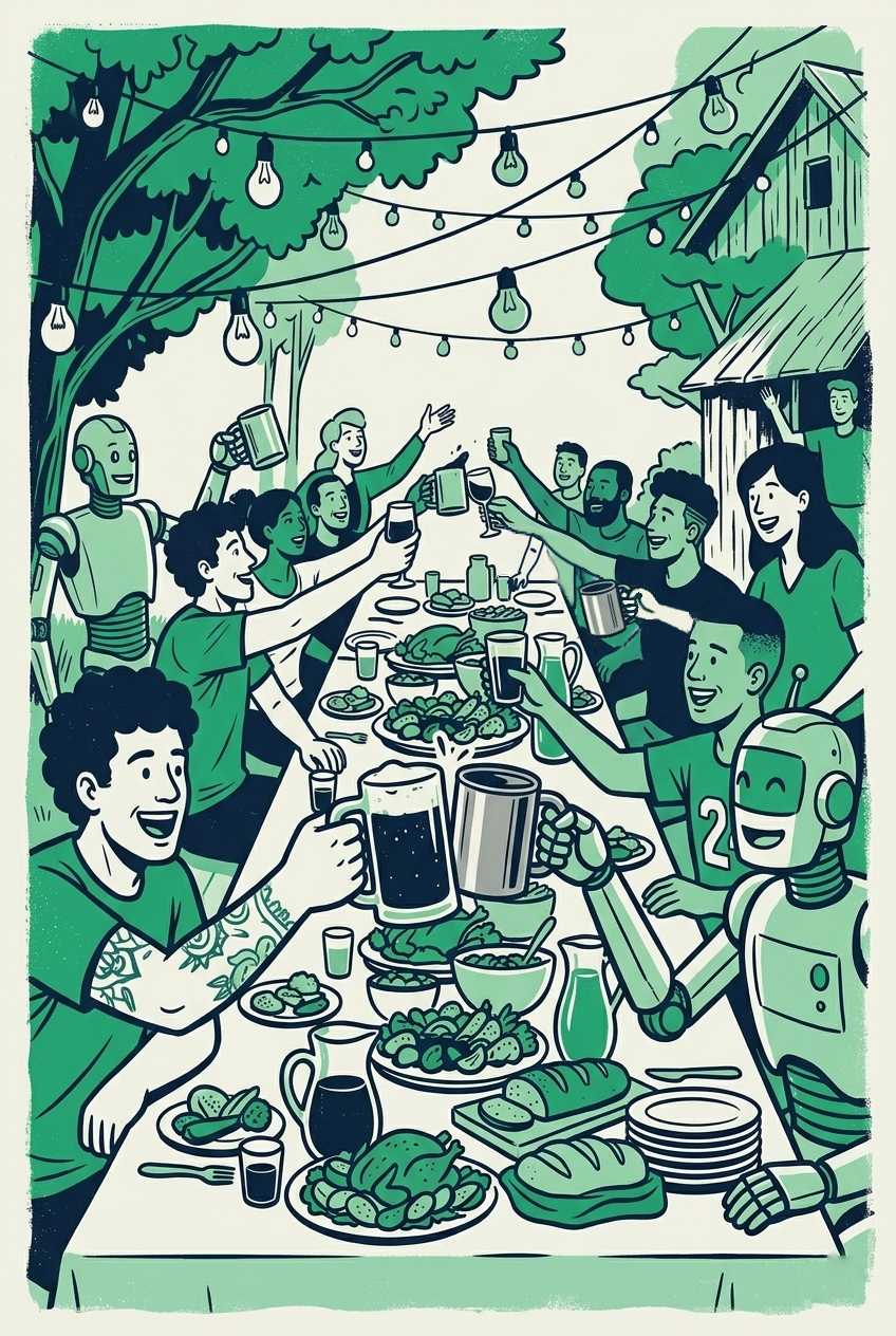 A screen-print illustration of humans and robots feasting together outdoors, toasting glasses under string lights — bold navy and green palette, joyful and celebratory.