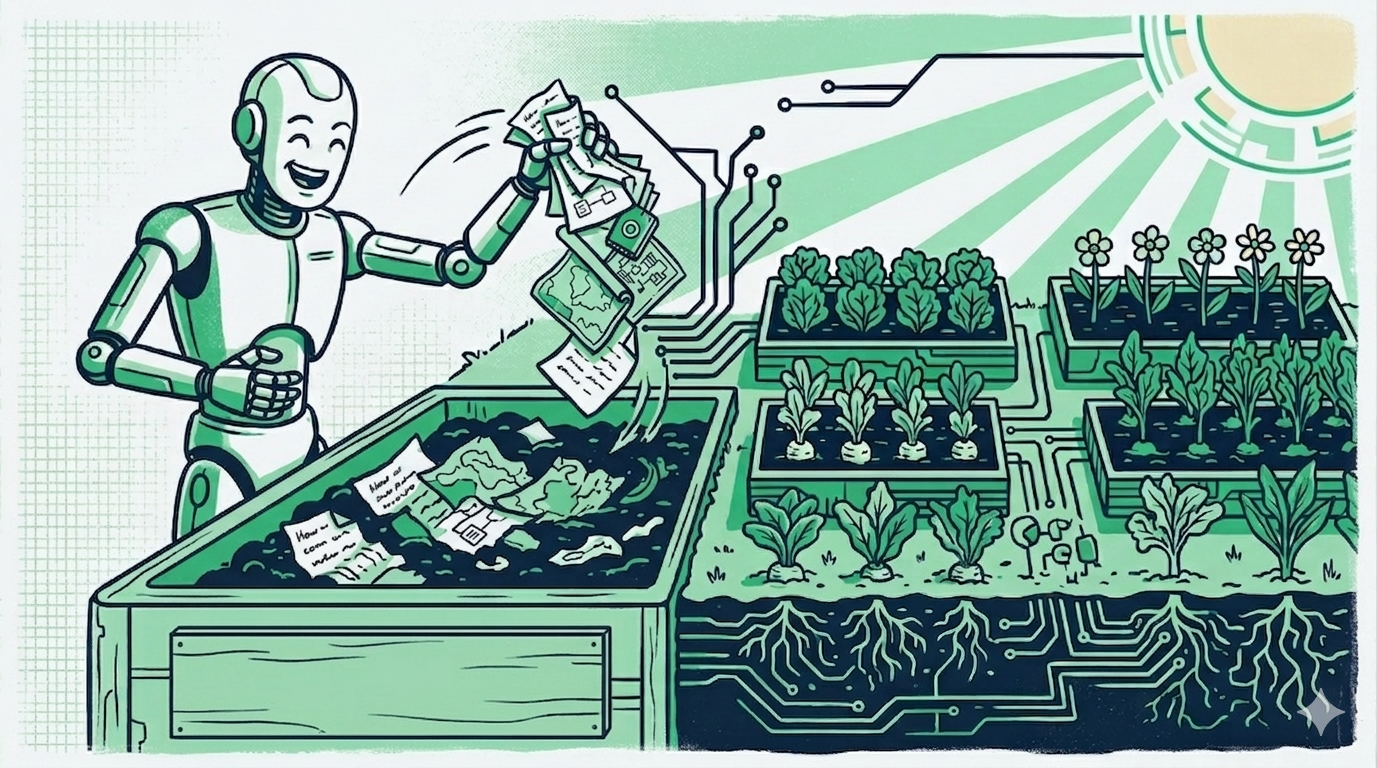 A screen-print illustration of a robot cheerfully composting old papers into a garden bed where new plants grow — bold navy and green palette.