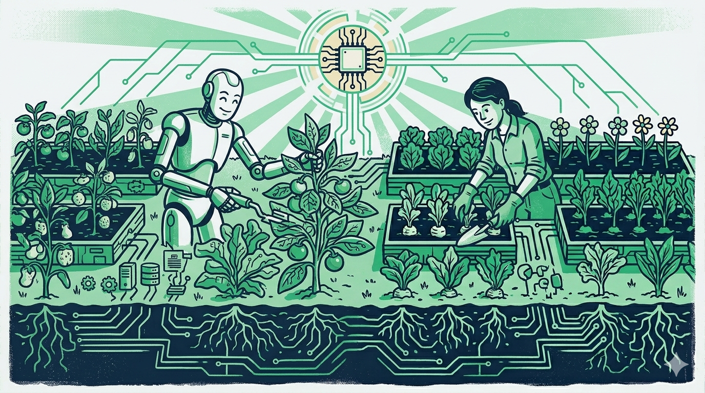 A screen-print illustration of a robot and human tending a garden together, plants with circuit-board leaf patterns — bold navy and green palette.