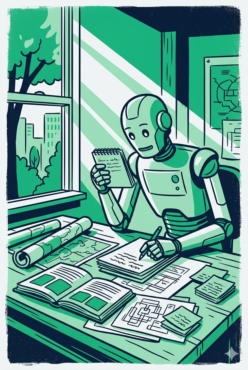 A screen-print illustration of a robot at a desk, leaning forward with curiosity, surrounded by documents — bold navy and green palette, morning light.
