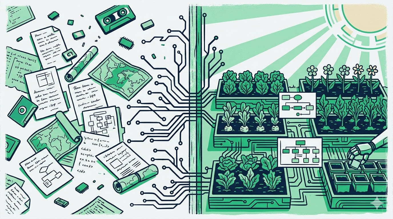 A screen-print illustration showing chaos transforming into an organized garden, connected by circuit-board traces — bold navy and green palette.